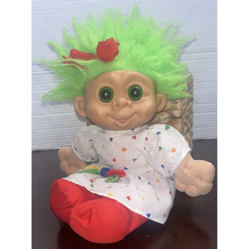 Troll Doll 13" Plush & Plastic Green Hair & Eyes Polka Dot Dress Vintage 1992